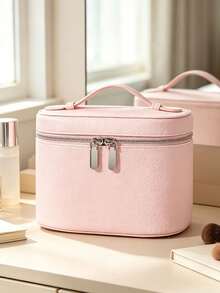 Thick Litchi Grain Wear-Resistant Durable Shaped Not Easily Deformed, Large Capacity Box-Type Storage For Makeup, Skincare And Cosmetics, Horizontal Box-Type Zipper Closure Dust-Proof, Minimalist Premium Commuter Style Makeup Storage Handbag - Pink - View 7