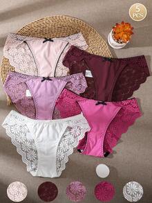 5pcs/Pack - Daisy Lace Women's Triangle Panties, Bow Hollow Lace Trim Underwear, Skin-Friendly Sexy Exquisite Daily Versatile Comfortable Panties - Multicolor - View 1