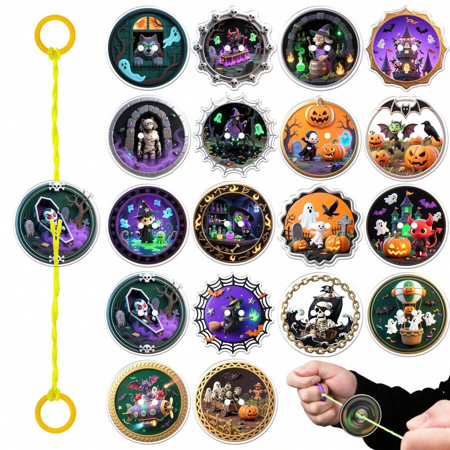 6pcs Creative Halloween Pull-String Flying Disc, Flying Wheel, Round Rotating Pull-Whistle , Nostalgic Childhood Toy, Assembly Required