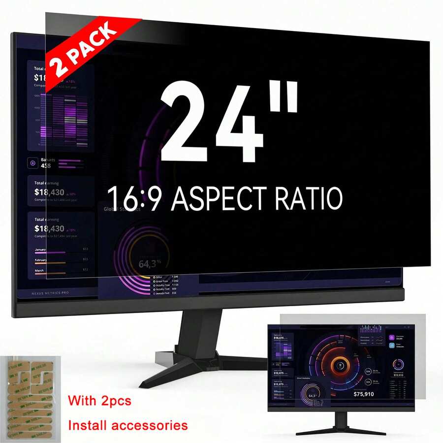 [2pcs] Computer Monitor Privacy Screen, 24-Inch 16:9 Aspect Ratio; Anti-Peeping/Anti-Blue Light/Anti-Glare Eye Protection, 2 Installation Methods Detachable, Suitable For Office, Airport, Cafe And Other Public Places; Diagonal 24-Inch, Width 20.92-Inch, Height 11.77-Inch - View 1