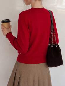 Sweater Pullover Leher V Wanita Kasual Musim Dingin Minimalis Motif Argyle Vintage - Merah - View 3