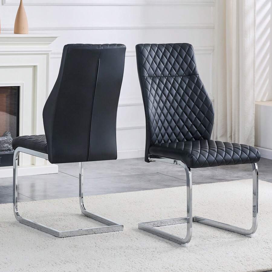 [Set Of 2] Black Diamond Pattern Dining Chair: High Back And Comfortable Seat Cushion, Silver Metal Frame Non-Slip And Robuste, Suitable For Restaurants Etc, 43 X 63 X 100 Cm - Black - View 1