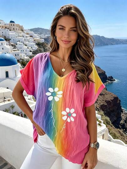 YI XUAN Plus Size Women's Rainbow Print V-Neck Comfortable Fabric Casual Short Sleeve T-Shirt, Spring/Summer Style (Random Color Print On Back)