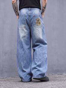 Men's Light Blue Vintage Distressed Ripped Loose Wide Leg Jeans, 90s Skateboard Street Style Back Pocket Embroidered Denim Pants - Blue - View 4