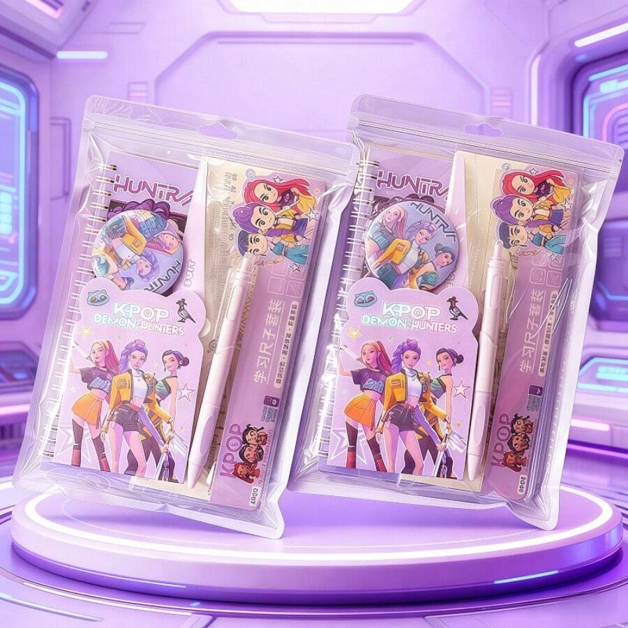 Hasbro 1 Set KPOP Demon Hunter Girl Group Stationery Set, Practical Learning Supplies For Elementary Students, Classroom Reward Gift, Anime Print Bag Stationery Combo Set, Neutral Pen, Ruler, Badge, Notebook Multi-Piece Set, Portable Writing And Note-Taking Stationery Gift Pack For Students, Ruler, Neutral Pen, Badge, Notebook Combo Stationery Pack, Portable Multi-Piece Writing And Learning Stationery Gift Set - Multicolor - View 1
