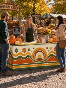 1pc Retro Boho Fall 3-Sided Table Cover, Polyester Tablecloth With Orange Green Wavy Stripes, Vintage Flowers & Sunrise Arch, 70s Geometric Table Decor For Autumn Party,Suitable For Thanksgiving, Weddings, Kitchen Decor, And Autumn Home Decoration. - Multicolor - View 5