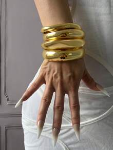 4pcs Unique Wide Cuff Bracelet Set, Gold Wide Thick Bangle Set, Luxury Elegant Style, Gift For Her - Yellow Gold - View 15