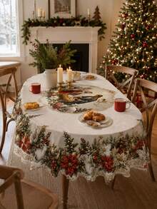White Tablecloth With Gold Floral Print – Elegant Christmas Table Decor – Polyester Rectangular/Round/Oval Tablecloth – Suitable For Winter Table Settings And Home Christmas Parties. - Multicolor - View 7