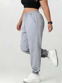 Celana Panjang Wanita Ukuran Besar Musim Gugur/Musim Semi Warna Polos Celana Olahraga Kasual Jogger Pinggang Elastis Tali Serut dengan Kantong Resleting Yoga Lari Olahraga - Light Grey - View 5