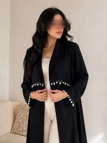 Hafizah Black Beaded Trim Patchwork Pleated Long Abaya Jacket, Loose Draping Flowy Cardigan, Elegant Versatile Daily Wear For Women - Black - View 4