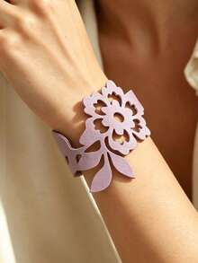 1pc Hollow Flower Charm Black Double Layer PU Leather Bracelet Elegant Subculture Gothic Style Jewelry Fashion Vintage Bangle - Black - View 12