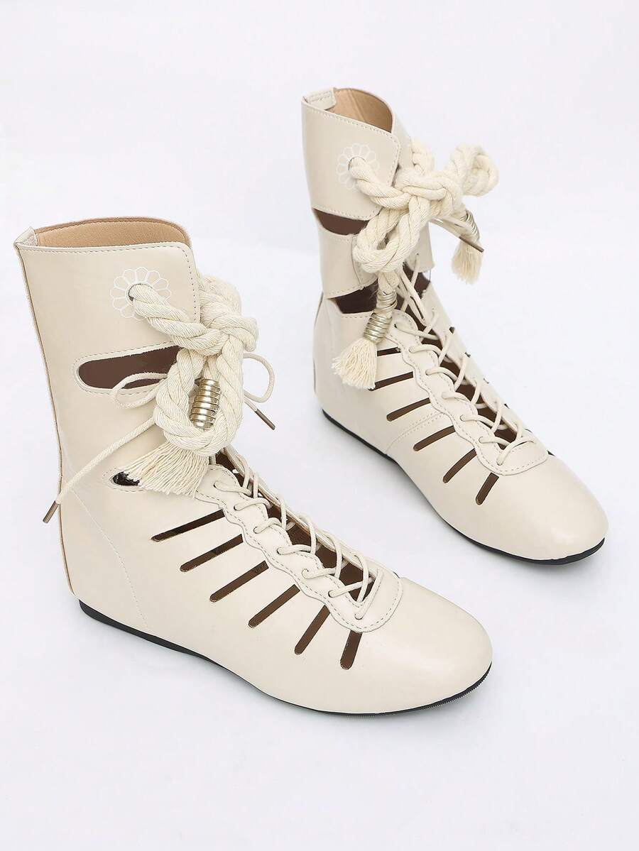 Hollow Out Roman Ankle Boots Women's Tassel Rope Lace-Up Flat Ankle Boots Bohemian Style Hollow Out Gladiator Sandals - Beige - View 1