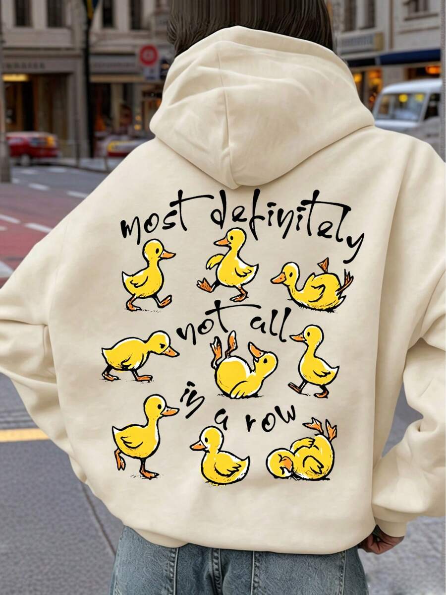 Front & Back Double Print Funny Yellow Duck Sweatshirt, Quirky Relaxed Vibe Daily Layering Top Fall Casual - Apricot - View 1