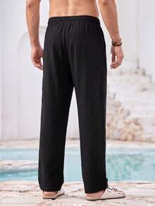Mercer Haus 3pcs/Set Men's Summer Solid Color Fashionable Soft Comfortable Lightweight Linen Casual Pants - Black - View 2