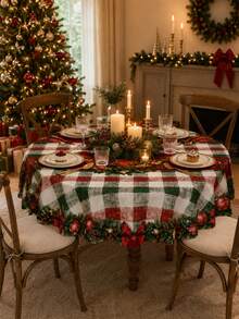 Christmas Plaid Tablecloth, Wavy Edge, Red & Green Buffalo Check Snowflake Print Polyester Tablecloth, Rustic Farmhouse Style Holiday Table Decor, Suitable For Christmas Party, Family Dinner, Winter Home Decoration - Multicolor - View 14