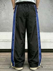 Men's Black Colorblock Sports Pants, Retro Casual Long Pants, Side Colorblock Detail And Drawstring Cuffs, Loose Fit, Suitable For Skateboarding And Weekend Casual Gatherings - Blue - View 4