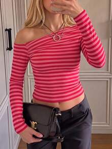 Women's Rose Pink Striped Cold Shoulder Top, Square Neck Long Sleeve Fitted Cropped Blouse, Sexy Casual Outing Style, Suitable For Party, Nightclub, Y2K Streetwear - Pink Stripes - View 4