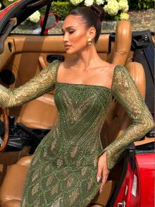 UNITHORSE [Random Cut] Square Neck Long Sleeve Tie-Waist Sequin Evening Dress - Olive Green - View 1