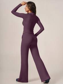 TimeOff Women's One Set Autumn/Winter Solid Color Stand Collar Zipper Long Sleeve Drawstring Waist Flare Pants Sports Set - Purple - View 3