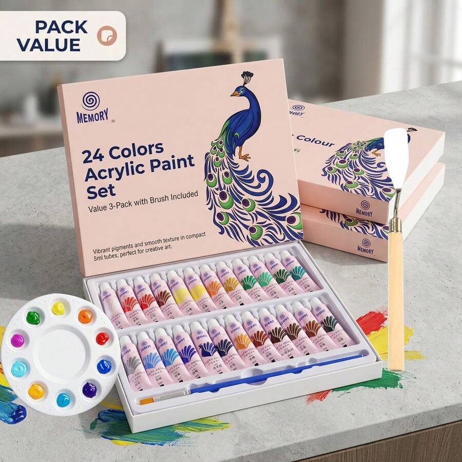 12/24 Colors 5ml Acrylic Paint + Palette Knife + Mixing Palette, Suitable For Painting Learning, Glass Painting Creation And Office Supplies Design