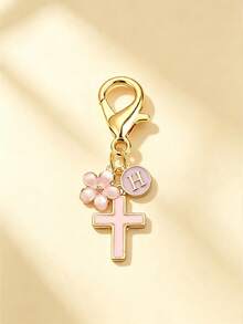 1pc New 26 English Letter Optional Enamel Drip Oil Cross & Cherry Blossom Pendant, Gold Lobster Clasp Detachable Bag Charm, Girls' Portable Key Decoration Small Gift - Pink - View 36