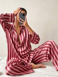 2pcs/Set Women's All-Season Vertical Striped Satin Pajama Set, Deep V-Neck Lapel Long Sleeve Loose Wide Leg Loungewear Set - Hot Pink - View 4