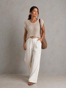 Women's Apricot Breathable Hollow Crochet Knit Vest, Summer Beach Casual Sleeveless Tank Top, Women's Hollow Knit Top, Suitable For Daily Wear, Casual Commuting, Vacation, Preppy Style - Apricot - View 5