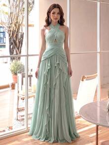 Women's Elegant Sexy Multi-Layer Ruffle Patchwork Design Fashionable Flared Slimming Luxury Dress Solid Color Sexy Party Patchwork Wedding Fall - Mint Green - View 2