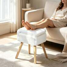 Vanity Stool With Storage & Foldable Backrest, Faux Rabbit Fur Makeup Chair With 4 Solid Wood Legs, Soft Ottoman Bench For Bedroom, Closet & Living Room, 11.4"D X 14.9"W X 28.7"H - White - View 7