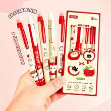 6pcs Apple Erasable Neutral Pen Set, 0.5mm Retractable Ballpoint Pen, Blue Ink, Built-In Eraser, School And Office Supplies, Back To School, Reward Stationery, Holiday Gift Choice - Multicolor - View 9