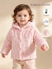 1pc Toddler Cute Stylish Casual Sweet Sporty Fashion Minimalist 3D Heart Print Warm Fleece Hooded Cardigan Jacket Coat Autumn Winter - Baby Pink - View 1