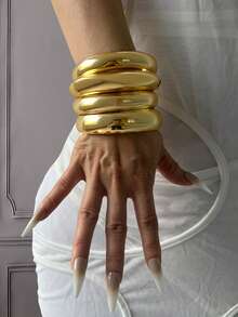 4pcs Unique Wide Cuff Bracelet Set, Gold Wide Thick Bangle Set, Luxury Elegant Style, Gift For Her - Yellow Gold - View 12