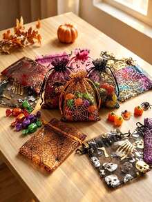Gift For Her/Him 12pcs Assorted Colors Halloween Organza Drawstring Gift Bags, Transparent Fabric Candy Bags With Foil Printed Spider Web, Ghost, Skull, Bat Patterns, Lightweight And Durable Holiday Party Snack Packaging Bags, Suitable For Classroom, Home, Store, Gift Counter - One Size Fits All - View 3