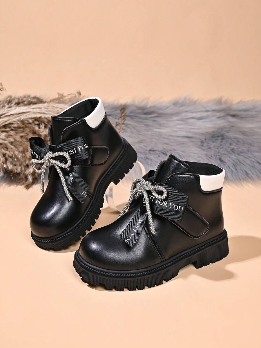 Girls' Colorblock Collar Ankle Boots, Autumn/Winter New Hook-And-Loop Thick Sole Anti-Slip Simple Versatile Fashion Casual Boots - Black - View 1