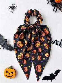 1pc Halloween Print Ribbon Bow Hair Tie, Pumpkin Spider Web Witch Pattern Hair Rope, Autumn Dark Hair Accessory, Gift For Girls - Multicolor - View 6