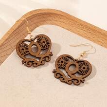 Women's Personalized Initial Wooden Earrings, Hollow Heart Daisy Flower Pattern 26 Letter Dangle Earrings - Brown - View 38