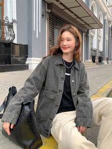 Women's Loose Fit Solid Color Denim Jacket - Grey - View 6