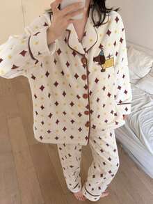 Aesletic 2pcs/Set Autumn/Winter Women's Flannel Cardigan Button Pajamas, Geometric Print Ramadan Romantic Casual Comfortable Loungewear - Apricot - View 5