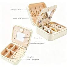 Travel Jewelry Storage Box With Mirror, PU Leather Portable Jewelry Box, Detachable Split Zipper Ring, Earring, Necklace Storage Box, Sturdy Material, Easy To Carry, Essential Gift For Christmas - View 4
