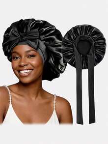 1pc Women's Elastic Ribbon Satin Round Cap, Polyester Sleeping/Makeup Cap, Suitable For Daily Use - Leopard Print - View 11