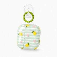 Semi-Transparent Mint Green Striped Lemon Floral Earphone Case With Hanging Ring Compatible With Apple Pro 3 Case/ Pro 2 Case/ Pro Case/ 4 Case/ 3 Case/ 2 Case/Fashionable Women's Earphone Case/Minimalist Earphone Case/Apple Earphone Case/Apple Earphone Cover - Mint Green - View 5