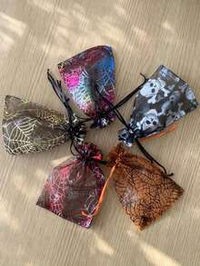 Gift For Her/Him 12pcs Assorted Colors Halloween Organza Drawstring Gift Bags, Transparent Fabric Candy Bags With Foil Printed Spider Web, Ghost, Skull, Bat Patterns, Lightweight And Durable Holiday Party Snack Packaging Bags, Suitable For Classroom, Home, Store, Gift Counter - One Size Fits All - View 4