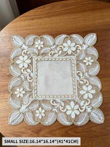 100% Polyester Vintage Luxury Rectangular Table Runner, Soft Base Fabric With Sheer Mesh, Full Floral And Leaf Embroidery, All-Around Hollow Lace Edge, Double Layer Tablecloth, Suitable For Bridal Breakfast Table, Country Cottage Kitchen Decor - Khaki - View 11