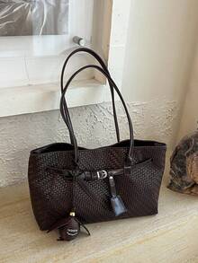 Sac fourre-tout de luxe à la mode, nouveau style vintage, couleur unie, tissé texturé gaufré, style européen et américain, grande capacité, sac à bandoulière de navette haut de gamme, livré avec un breloque de pomme, élégant et décontracté, pour les courses, le travail quotidien, le maquillage, l'ombrelle, résistant à l'usure, en tissu doux, pour les étudiantes, les cours, les courts voyages, polyvalent pour les déplacements quotidiens, sac fourre-tout pour femmes - Multicolore - Voir 12