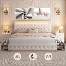 Gegoforu Marco de cama LED multifuncional con 4 cajones de almacenamiento y luces LED RGBW de control inteligente en la cabecera y el pie de cama, y terciopelo - Terciopelo blanco - Ver 5