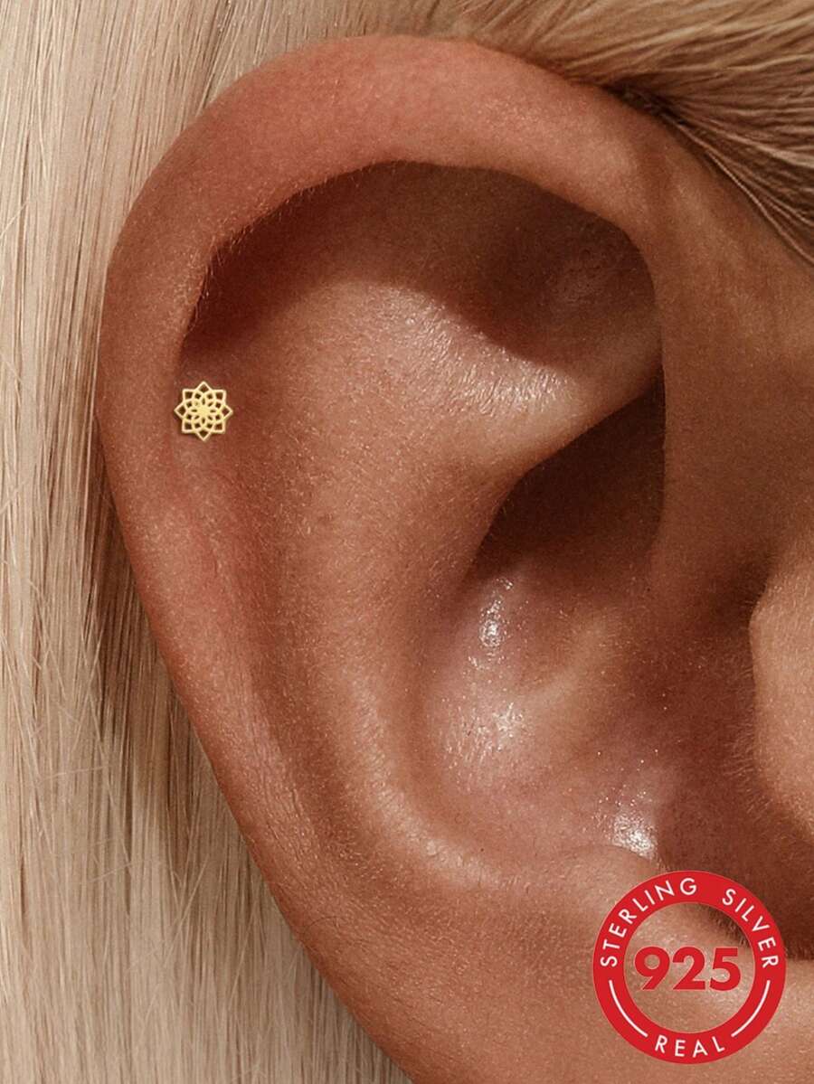 925 Sterling Silver Hidden Cochlea Cartilage Stud Earrings For Women, 18K Gold Plated Lotus Flat Back Piercing Jewelry Gift - Gold - View 1