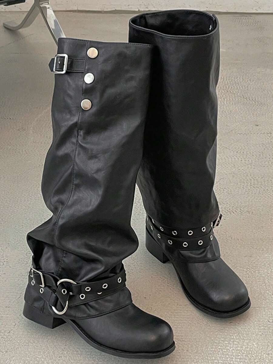 女款扣環長靴，休閒復古經典高筒靴，鞋子，復古百褶高筒靴，平底修身騎馬靴，啞光PU，圓頭，低跟，平底，女靴