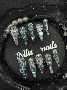 10pcs Handmade Fully Covered Stiletto Nails Press On Nails, Cadet Blue3D Metal Bow Star Roses And Other Decorations Fake Nails, Suitable For Party, Dance, Daily, Beach Vacation, With Jelly Glue & Nail File, Luxury Mystical Y2K Mermaid Style Reusable - Cadet Blue - View 3
