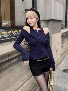 Kaos Rajut Lengan Panjang 2-in-1 Wanita, Atasan Lapisan Dasar Slim Fit yang Menawan, Musim Gugur - Navy Blue - View 10