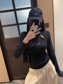 Women's Early Autumn Hollow Letter Rhinestone Long Sleeve Base Layer Top - Navy Blue - View 5